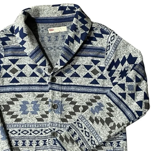 Levi's Fleece Cardigan Shawl Neck Southwest Aztec Geometric Jacket M Grey Blue - Picture 4 of 10